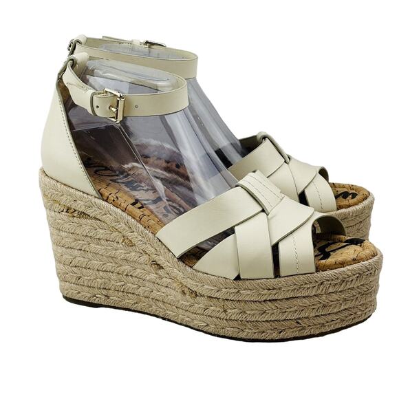 Womens 9.5 Sam Edelman Marietta Platform‎ Espadrille Sandals Ivory Leather Wedge - Picture 1 of 9